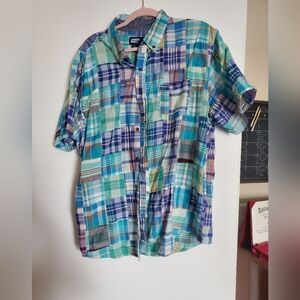 Men's Lands' End plaid short sleeve button down blue XL shirt
